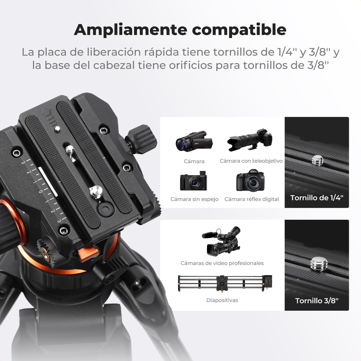 K&F CONCEPT 75"/ 191cm Trípode Video VA3+BV60, Trípode de Aleación de Aluminio Resistente con 360° Cabezal de Fluido, Compatible con Canon Nikon Sony y Otras, Carga hasta 22lb/10kg