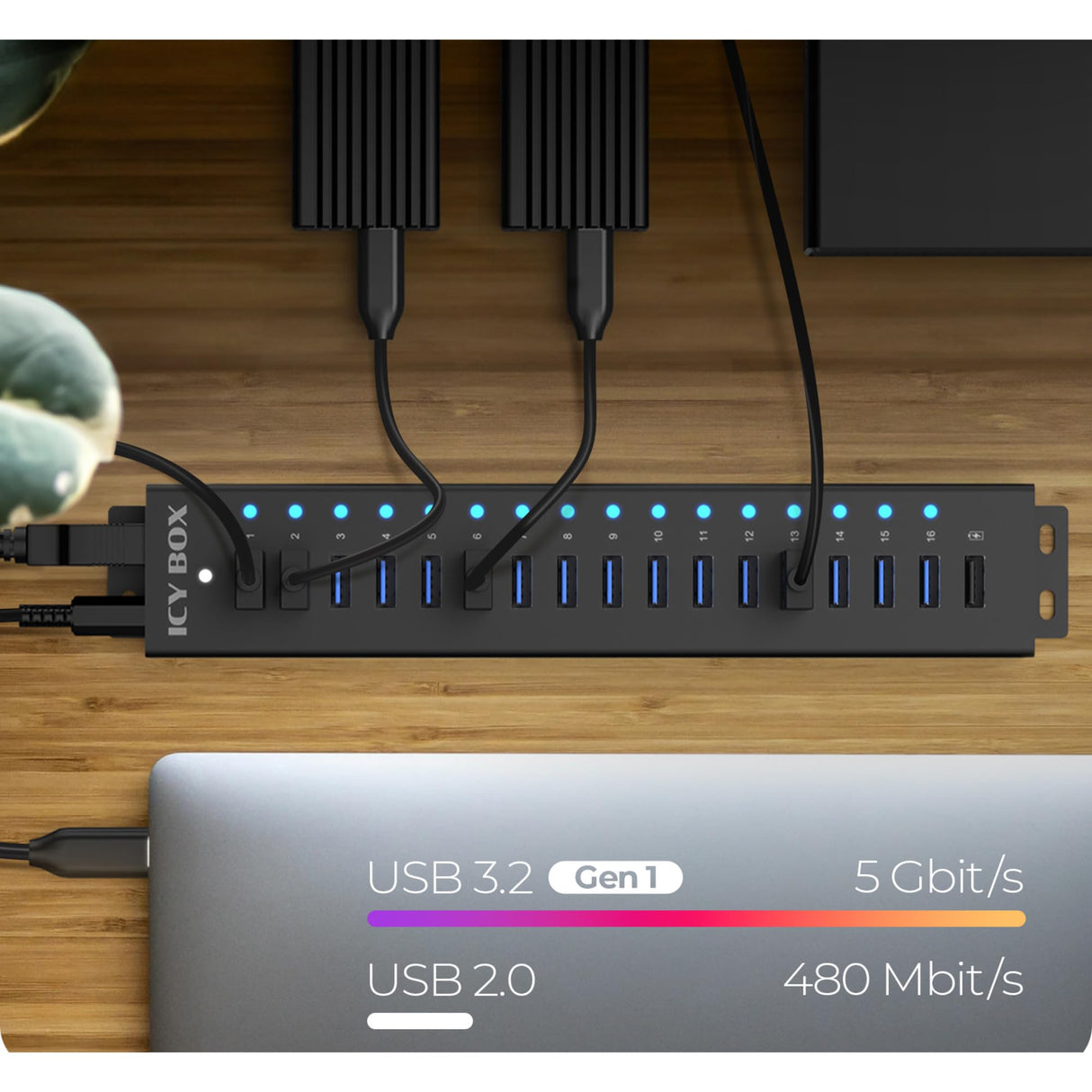 ICY BOX IB-HUB1717-U3 - Concentrador USB (17 Puertos), 16 Puertos USB y 1 Carga USB, USB 3.2 Gen 1 (5 Gbps por Puerto), con Fuente de alimentación de 96 W, USB-A, Aluminio, IB-HUB1717-U3