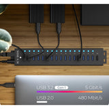 ICY BOX IB-HUB1717-U3 - Concentrador USB (17 Puertos), 16 Puertos USB y 1 Carga USB, USB 3.2 Gen 1 (5 Gbps por Puerto), con Fuente de alimentación de 96 W, USB-A, Aluminio, IB-HUB1717-U3