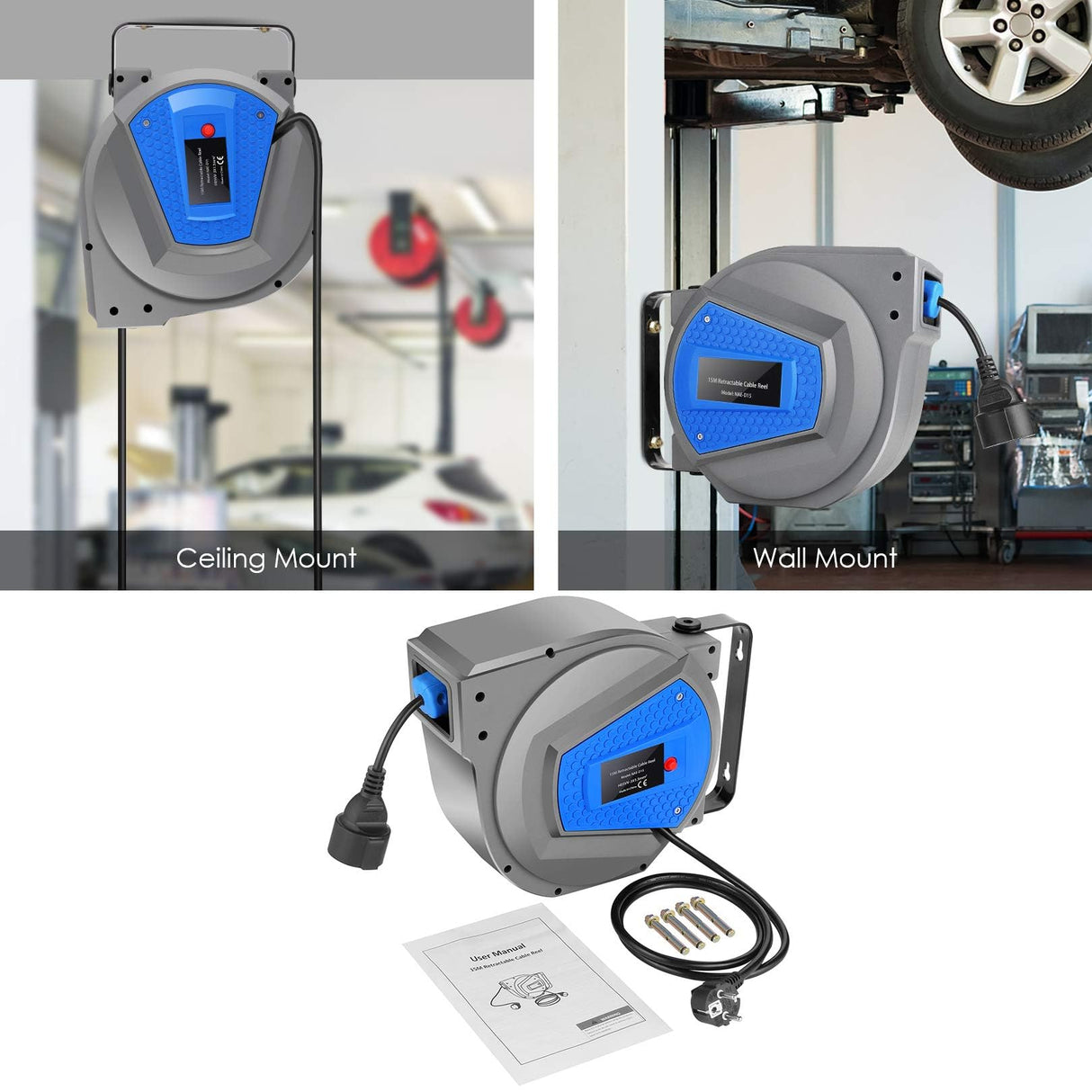 Himimi® Enrollador de Cable Retráctil Automático| 15m+1m Enrollador de Cable Montable en Pared y Techo | Rotación de Cables 180° | Adecuado para Uso Interior y Exterior | Potencia de 1500-3000W