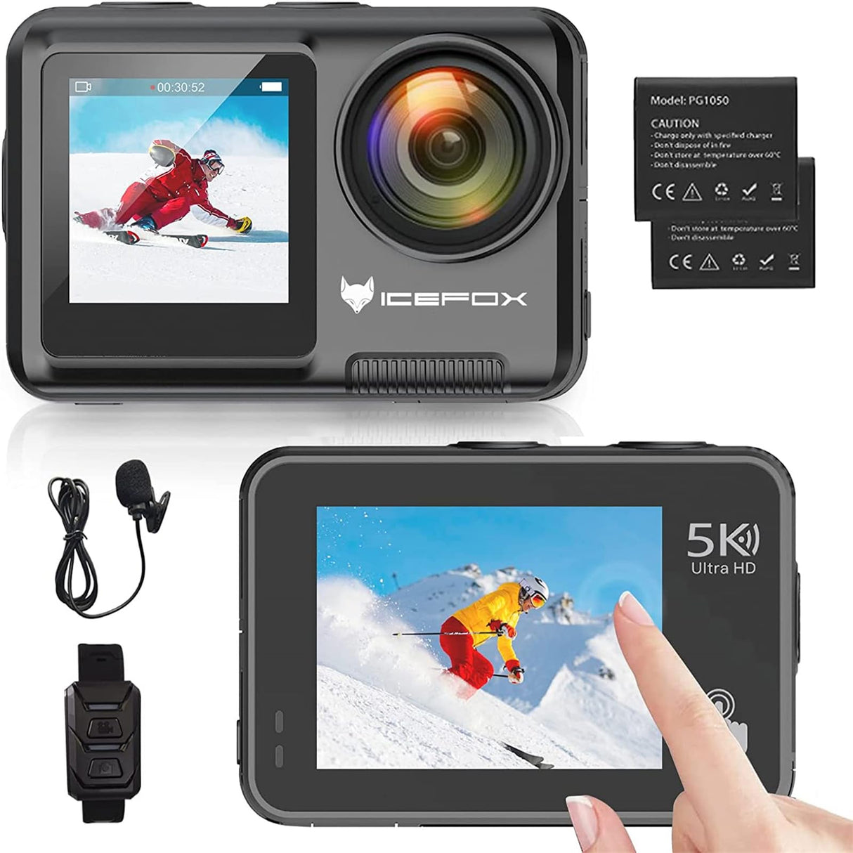 icefox Cámara Deportiva 5K WiFi 30FPS 20MP, Cámara Deportiva EIS Pantalla Táctil, 4X Zoom 170° Gran Angular, 30m Cámara Sumergible, Action CAM con Control Remoto, Micrófono Externo, Kit de Accesorios