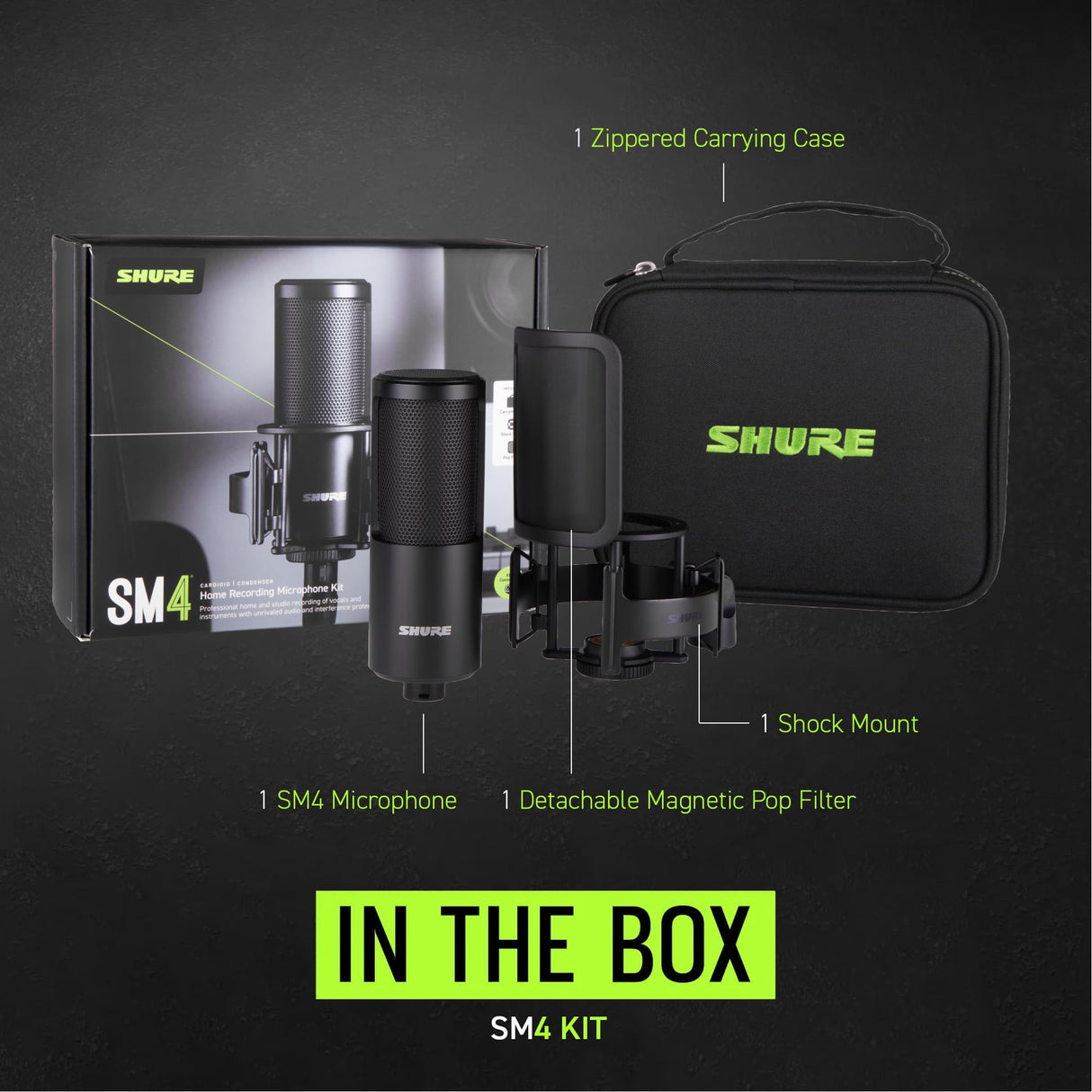 Shure SM4 Kit de Micrófono de Estudio, Micrófono de Condensador para Estudio en Casa con Conexión XLR Optimizado para Voces Suaves e Instrumentos Ruidosos con Audio Listo para Mezclar (SM4-K-KIT)