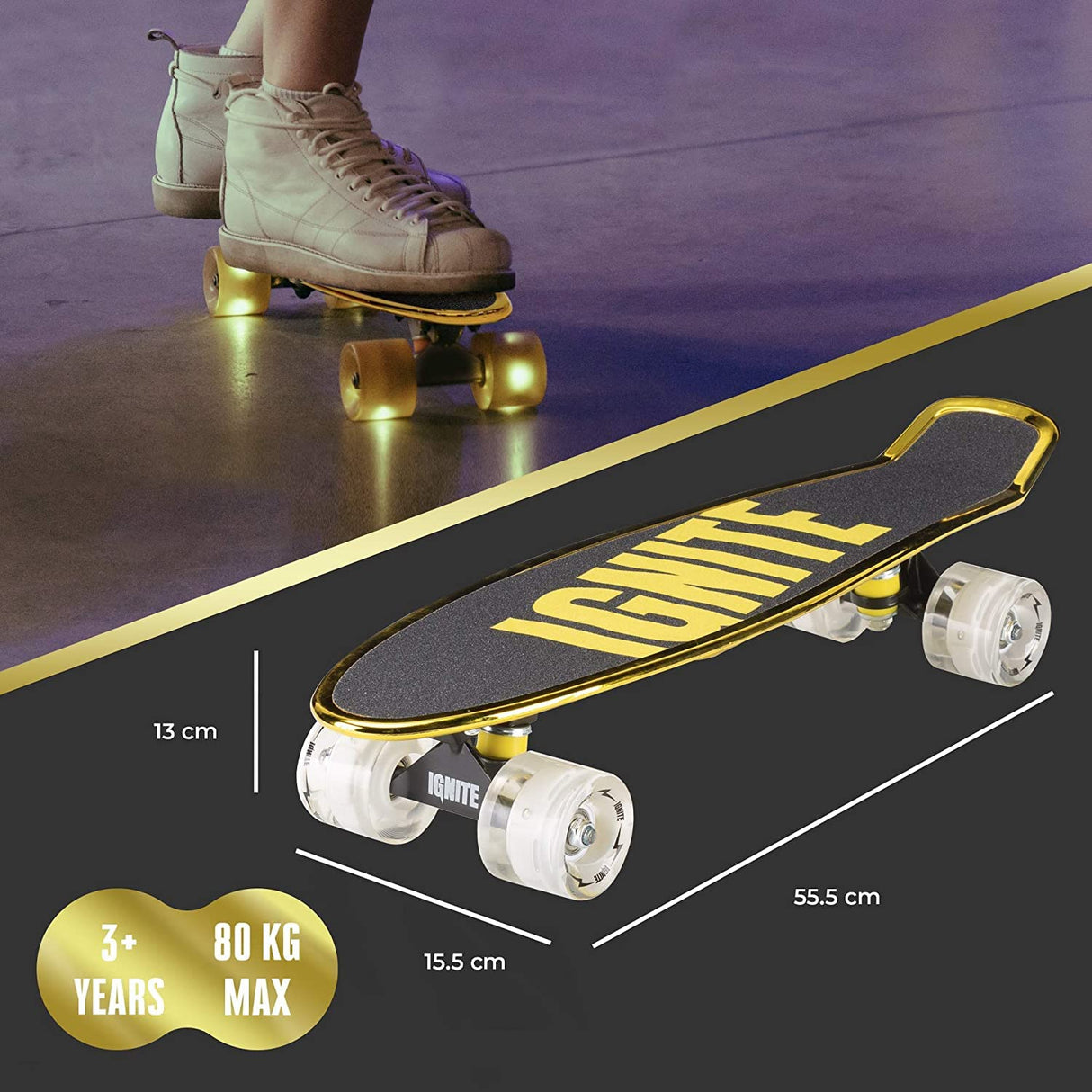 MONDO Toys-Chroma Gold Combo Pack-Monopatín Flash LED Ruedas | Casco & Protections Included – 25568 Street Ignite Poliuretano-Skate Protecciones oro-25568, tamaño único, Color, 55 x 15