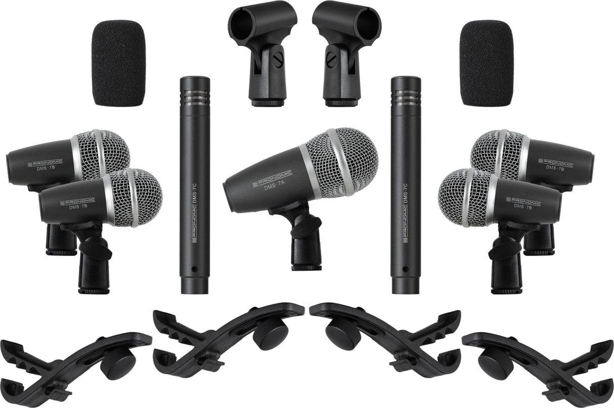 Pronomic DMS-7 Set de Micrófonos para Batería - Set de 7 Micrófonos para Escenario y Estudio - Micrófono de Grabación para Batería e Instrumentos de Percusión - Incluye Maletín