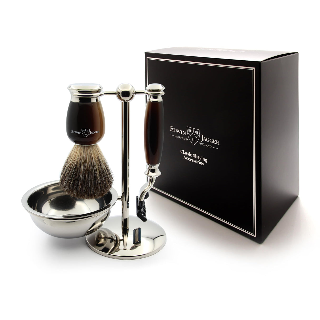 Edwin Jagger S81M582BAMZ Set de Afeitado Clásico Imitación Cuerno Ligero y Níquel con Cazoleta con Brocha de Afeitar de Tejón Puro y Maquinilla Mach 3 para Crema o Jabón de Afeitar para Hombre