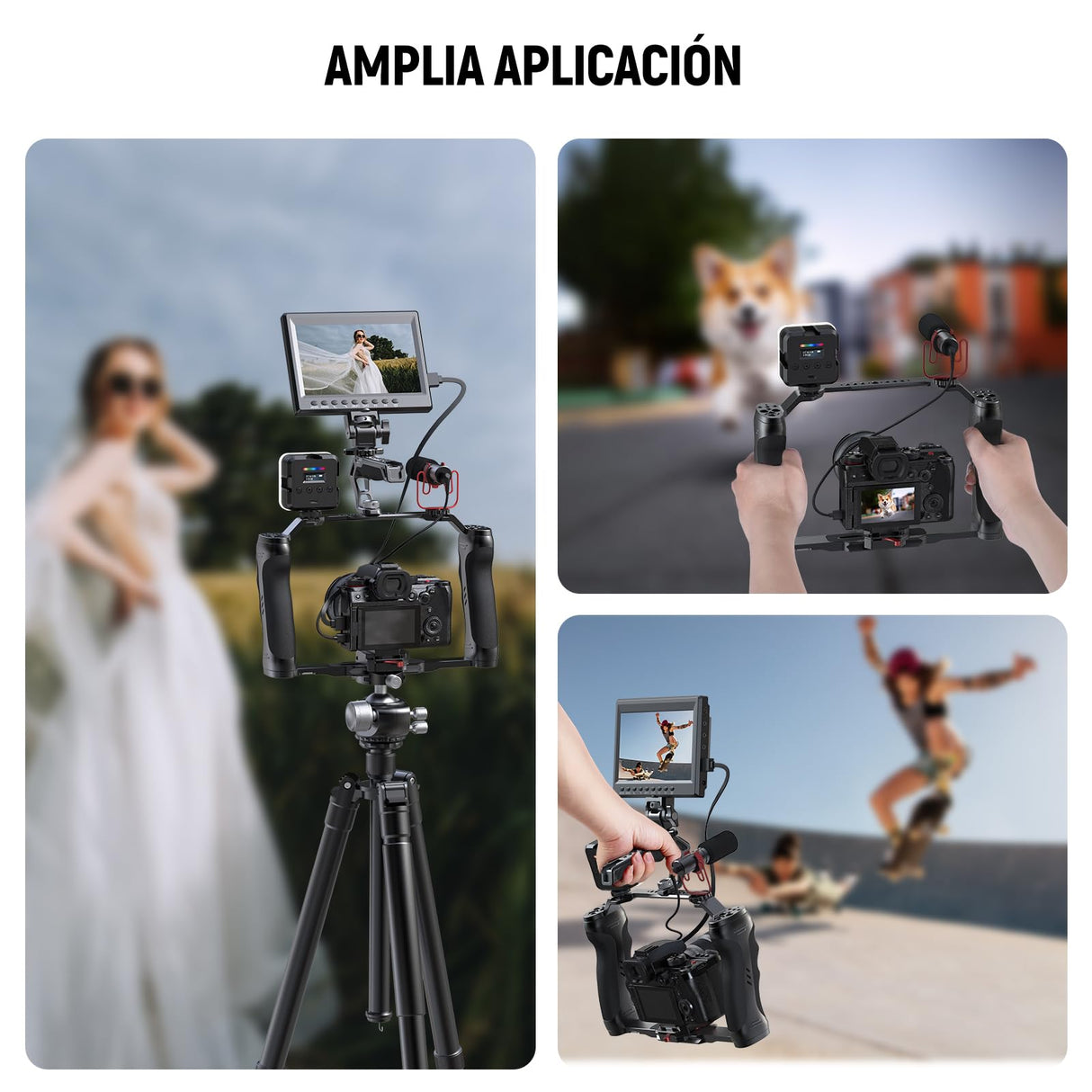 NEEWER Jaula Cámara Video Rig con Placa Liberación Rápida Arca, Empuñadura Dual, Roscas ARRI 3/8" y 1/4", Zapata Fría, Cage Estabilizador Universal Compatible con SmallRig NEEWER Placa Base, CA077
