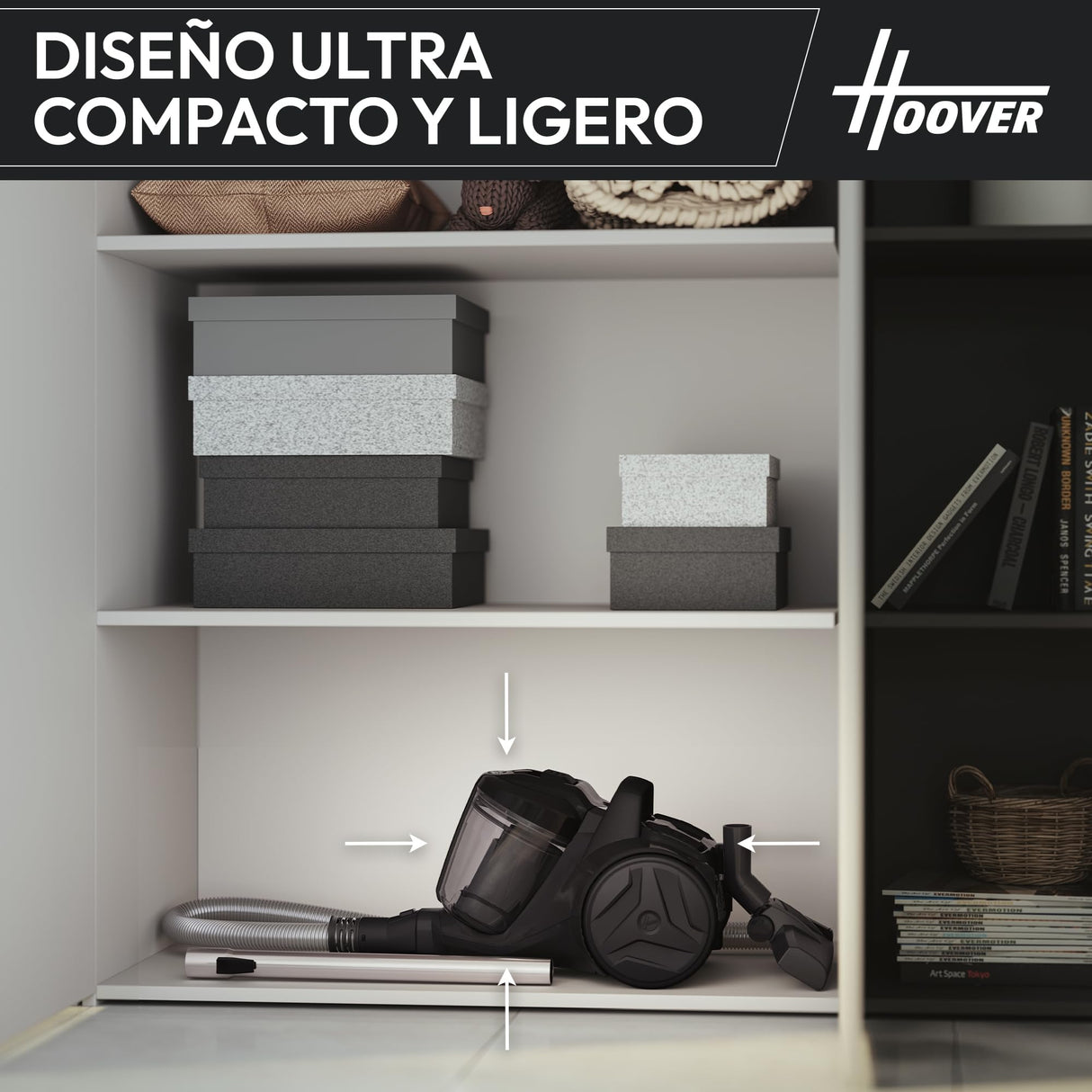 Hoover HP1 Aspiradora Compacta Potente para Suelos Duros, Delicados y Alfombras, Boquillas para Parquet y Mascotas, Filtro de Polvo EPA, Capacidad 2L, Accesorios Integrados, Radio de 8,2m [HP120PET]