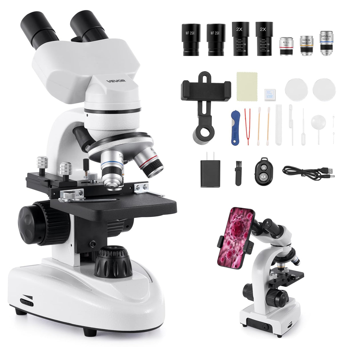 VEVOR Microscopio Compuesto con Aumento de 40-2000X Kit de Microscopio Binocular Cuerpo de Aleación de Aluminio, Luz LED, Soporte para Teléfono, para Estudiantes, Laboratorios, Escuelas, Hogar