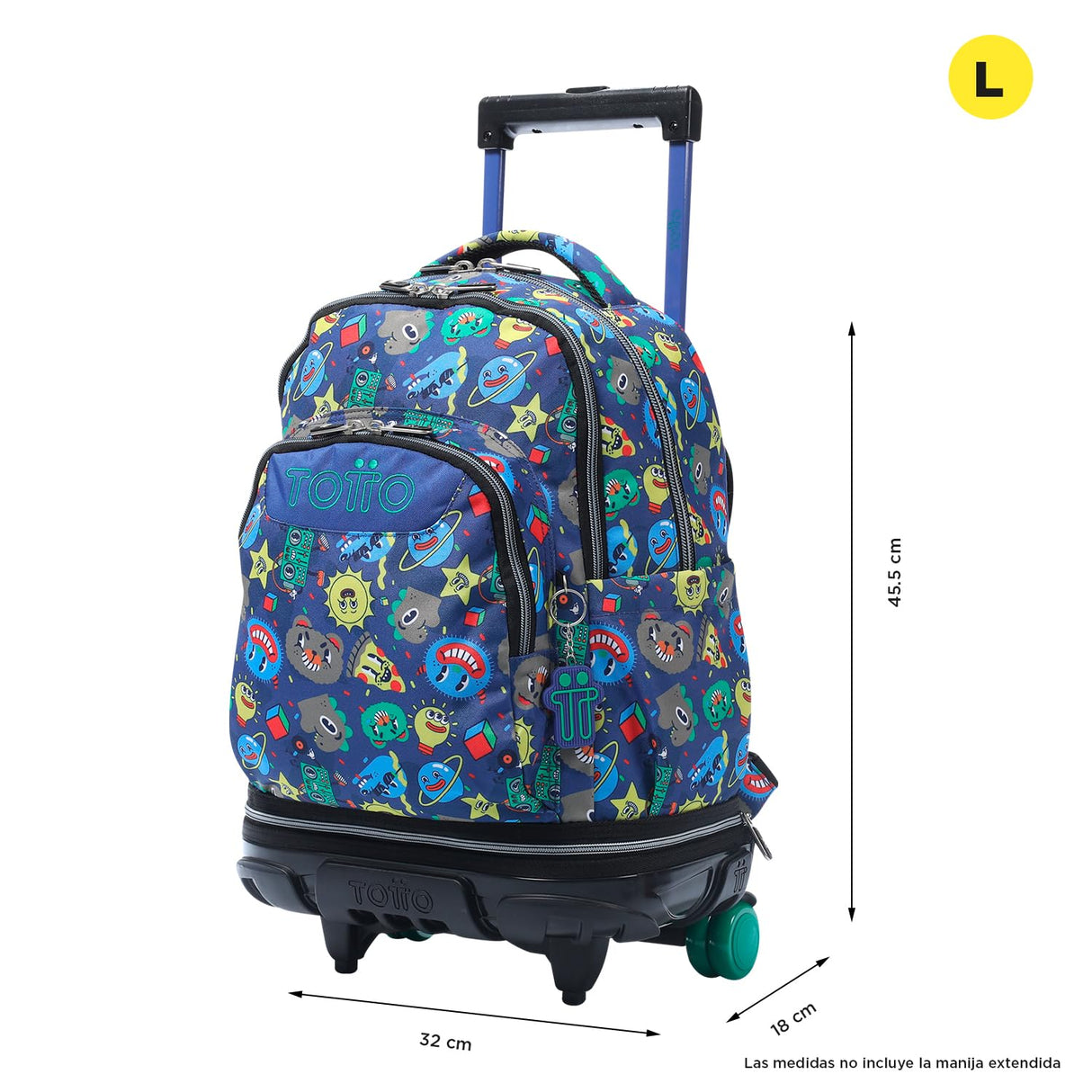 TOTTO - Mochila Escolar con Ruedas Desmontables, Modelo Tiza, Capacidad 26 L, Mochila PC 15.4", Bolsillo Botella, Manija Telescópica, Espaldar Ergonómico y Correas en S, Estampado Tello Azul