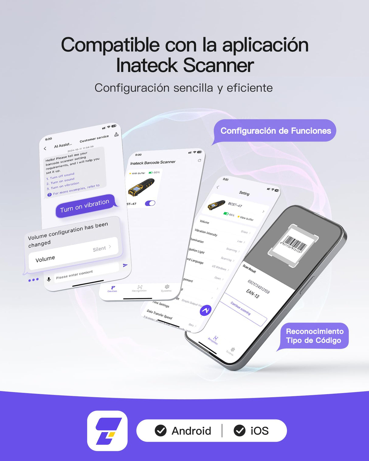 Inateck Escáner de Códigos de Barras Bluetooth, Escáner QR Code 1D 2D Kabellos 2.4GHz, Escáner de Códigos de Barras Portátil Inalámbrico con Pantalla, Escáner Manual con App y SDK, BCST-47