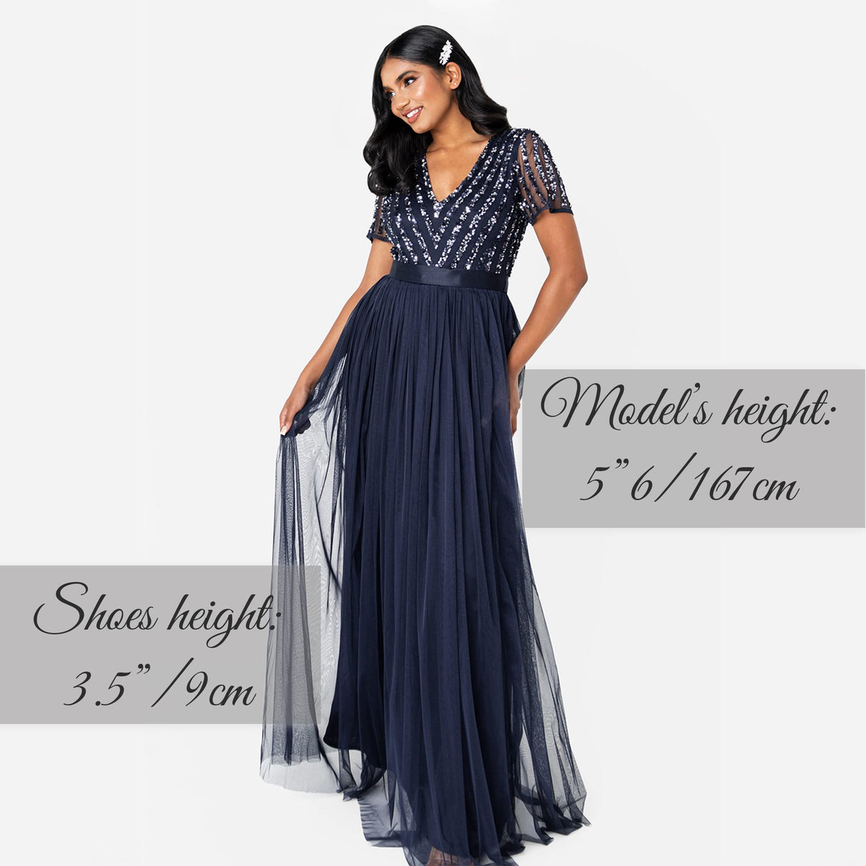 Maya Deluxe Maxi Dress for Women Ladies Bridesmaid V-Neck Ball Gown Short Sleeves Long Elegant Empire Waist Wedding Vestido de Dama de Honor, Azul Marino, 50 para Mujer
