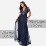Maya Deluxe Maxi Dress for Women Ladies Bridesmaid V-Neck Ball Gown Short Sleeves Long Elegant Empire Waist Wedding Vestido de Dama de Honor, Azul Marino, 50 para Mujer