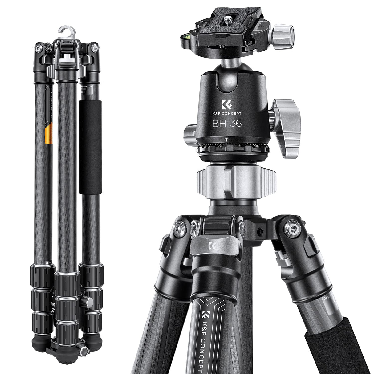 K&F CONCEPT Trípode Cámara,173cm Trípode de Carbono Fotografía Compacto y Professional con 360° Rótula de Bola y Placa de Liberación para Cámara DSLR Carga 16kg
