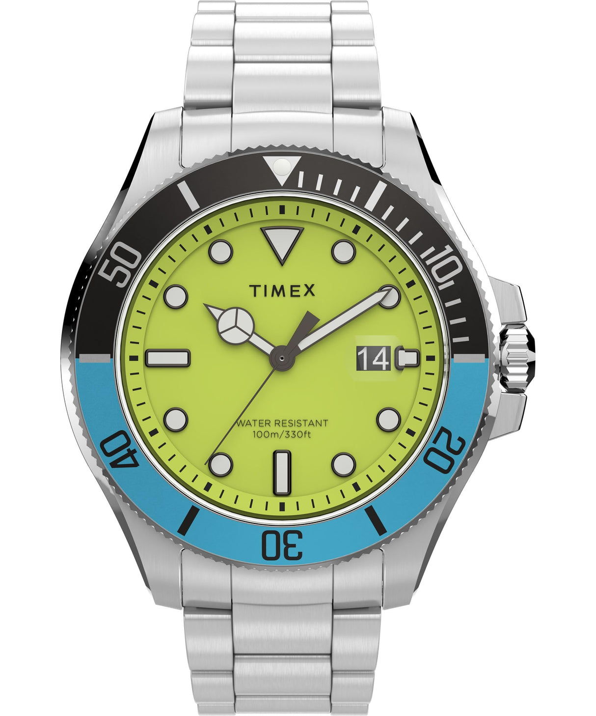 Timex Trend - Reloj de 43 mm para hombre, de acero inoxidable, correa de acero inoxidable, esfera verde, caja en tono plateado TW2V65300