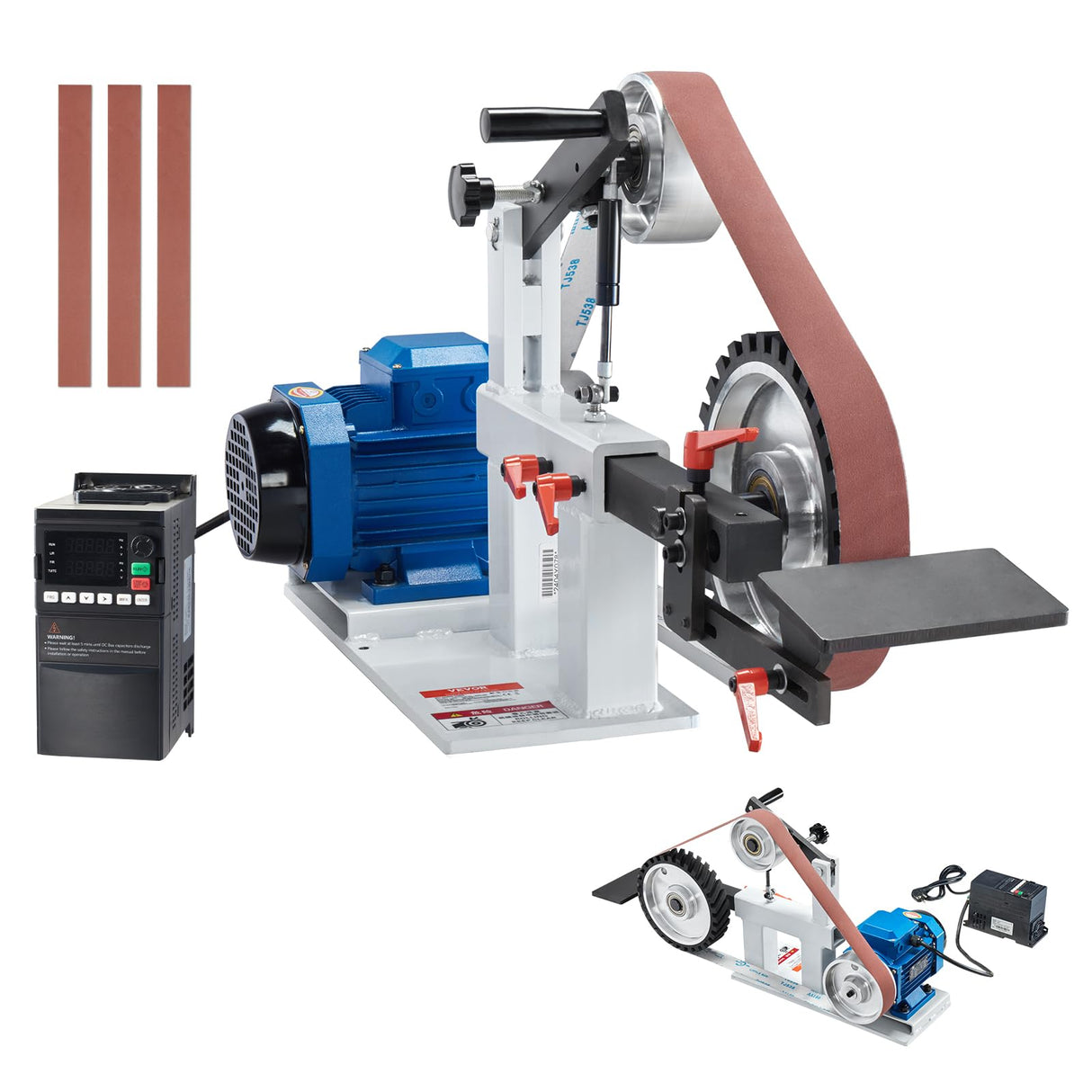 VEVOR Lijadora de Banda, Velocidad Variable de 850 x 300 x 470 mm con VFD, Pulidora de Banda de 1500 W y 2 HP con 3 Moldes de Pulido y 3 Bandas de Lijado para Trabajar Metales y Fabricar Cuchillos