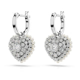 Swarovski Pendientes Idyllia, Perla de cristal, Corazón, Blancos, Baño de rodio