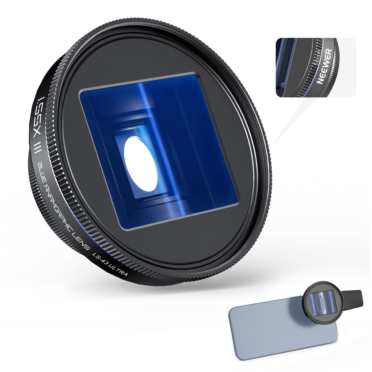 NEEWER 1.55x Lente Anamórfica Azul Compatible con iPhone, Android y Samsung Accesorios Cámaras Teléfono con Clip Rosca 17mm y Aro Adaptador Filtro 58mm, Efecto Cine Pantalla Ancha, LS-43 Ultra