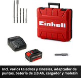 Einhell Kit Martillo perforador con batería HEROCCO+5 Power X-Change (iones de litio, 18 V, 2.2 J, 18 Nm, SDS-Plus, incl. batería 3,0 Ah, cargador, 3 brocas, cincel plano, cincel punta y E-Box)