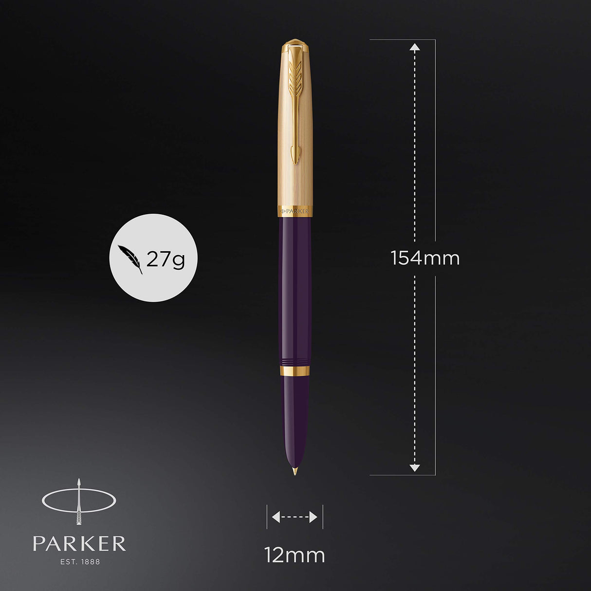 Parker 51 pluma estilográfica | cuerpo de lujo de color ciruela con adorno dorado | plumín fino de 18 K con cartucho de tinta negra | estuche de regalo