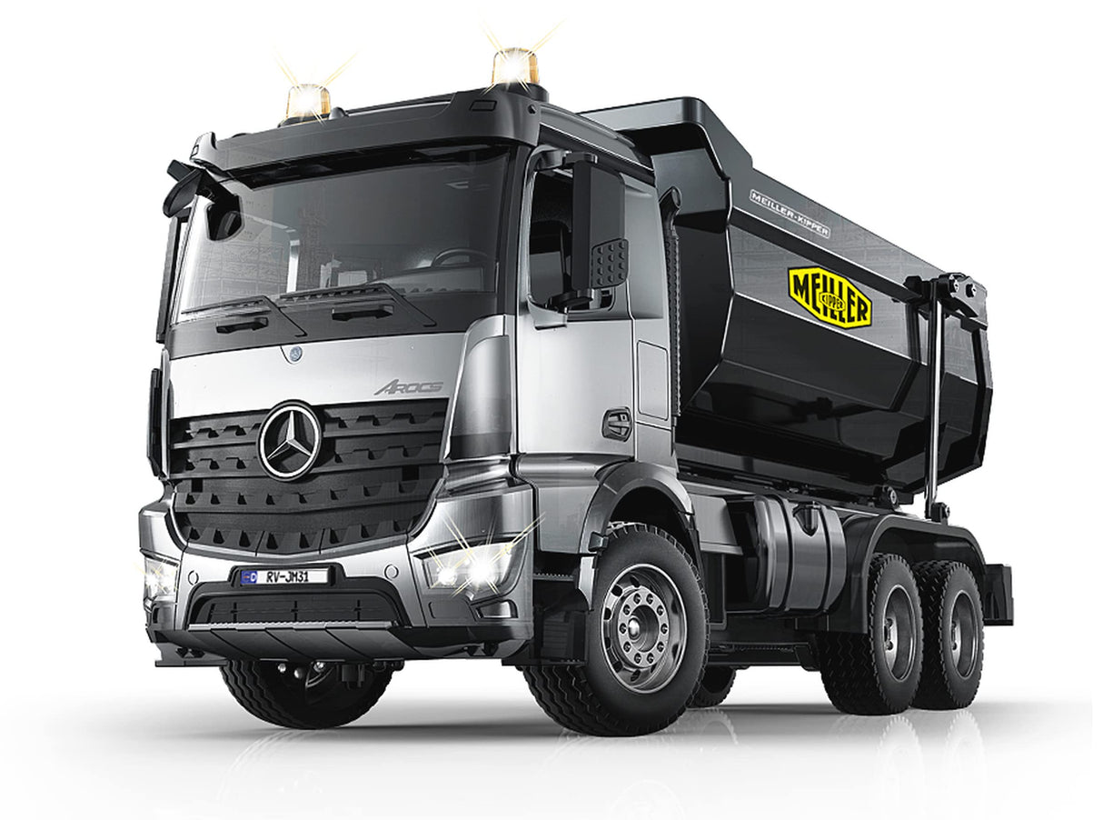 JAMARA Volquete Mercedes-Benz Arocs Metal Meiller 1:20 2,4 GHz, Capacidad de elevación de 15 kg, Engranaje de Metal, 4 Ruedas, suspensión de suspensión, neumáticos de Goma, luz LED