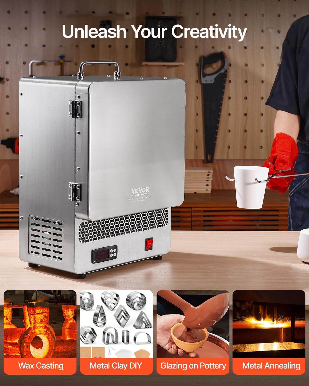 VEVOR Horno Fundidor de Sobremesa, 1500 W Horno Potente Eléctrico de Acero Inoxidable Temperatura Máxima de 1200 ℃ de Fundir Oro para Fundición en Cera, Bricolaje con Arcilla, Templado de Metales