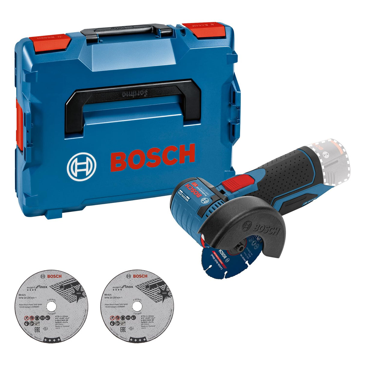 Bosch Professional 12V System GWS 12V-76 - Amoladora angular a batería (Ø 76 mm, 19500 rpm, 3 discos, sin batería, en L-BOXX)