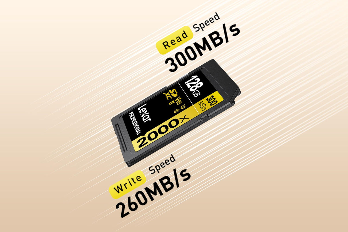 Lexar Professional 2000x Tarjeta SD 128GB, SDXC UHS-II Tarjeta de Memoria sin Lector, hasta 300MB/s de Lectura, Class 10, U3, V90 SD para DSLR, cámaras de Video en Calidad de Cine (LSD2000128G-BNNAG)