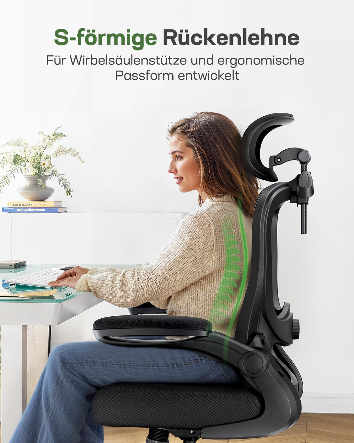 Marsail Silla de Oficina ergonómica con reposacabezas 3D y Soporte Lumbar 3D, Silla de Escritorio ergonómica con reposabrazos abatibles, Bloqueo de inclinación de 90° – 120° y cojín Grueso, soporta