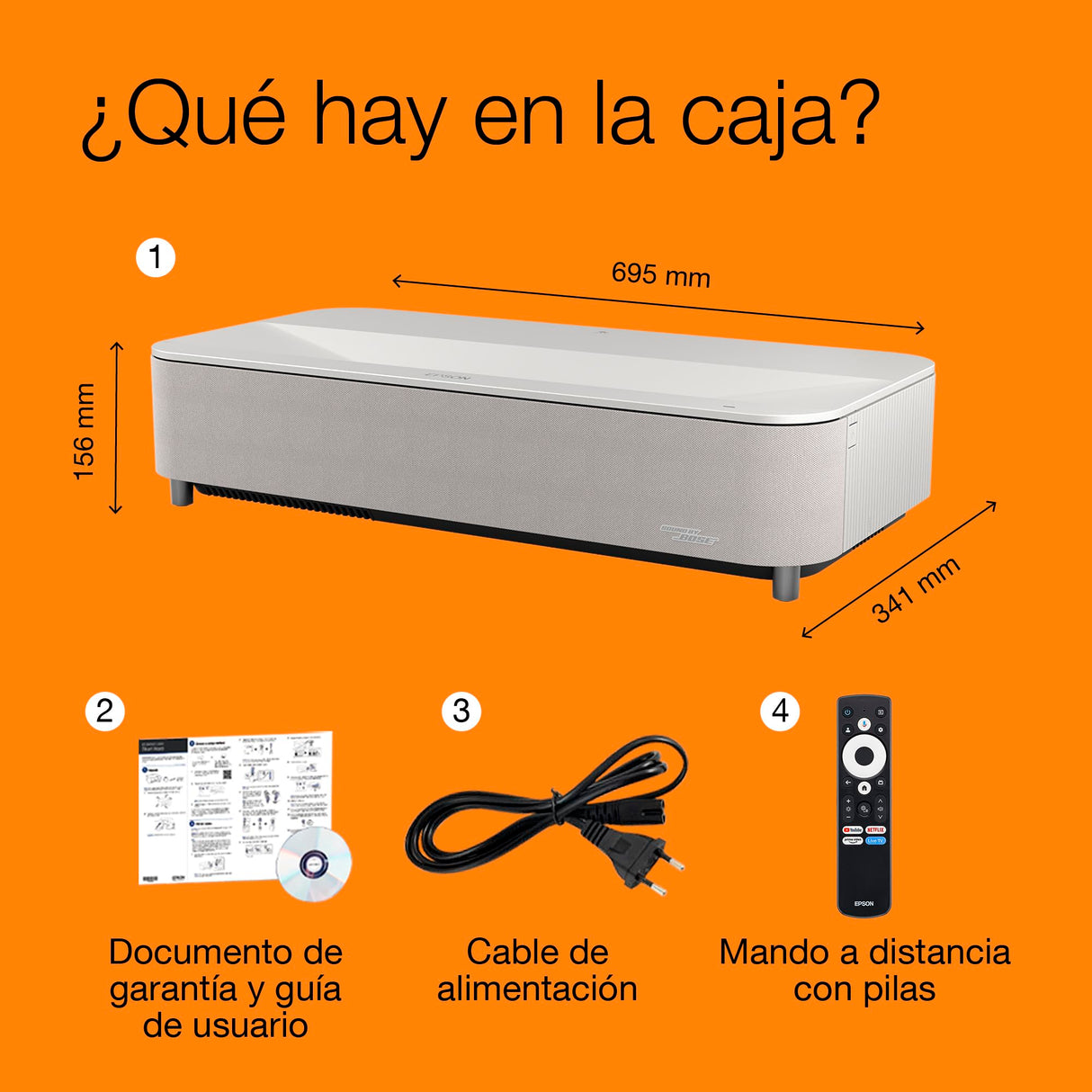 Epson Lifestudio Grand Plus EH‑LS970W | Proyector TV Láser de Ultracorto Alcance | Cine en Casa 4K | 4.000 Lúmenes | Imagen IA | Sonido BOSE | GoogleTV | Pantalla 150Pulgadas | Garantia5 Años | Blanco