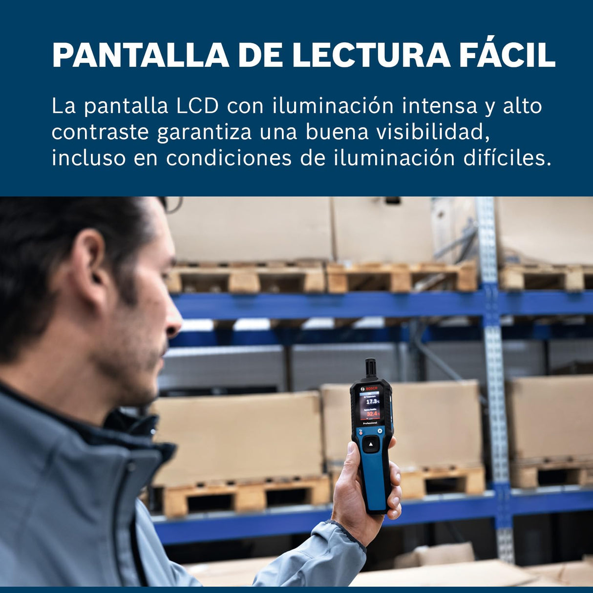 Termohigrómetro GDH 1-17 de Bosch Professional (lecturas en tiempo real, pantalla LCD a color de alto contraste, clasificación IP65, carcasa de goma, 2 pilas AA, bolsa)