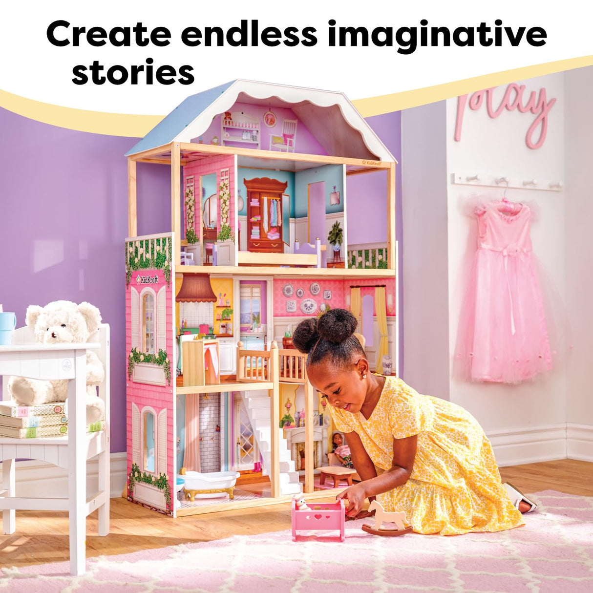 KidKraft Casa de muñecas de Madera Charlotte con Muebles y Accesorios incluidos, Casita de Juguete con 4 Niveles de Juego para muñecas de 30 cm, Juguetes niños y niñas Desde 3 años (65956)