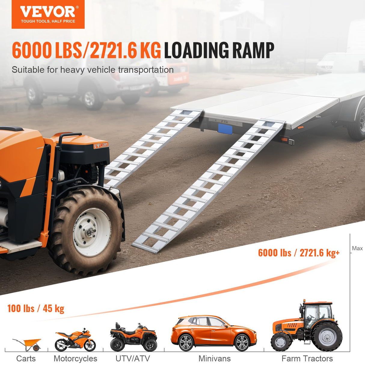 VEVOR Rampa de Carga de Aluminio 2 Piezas 240 x 38 cm Rampa de Acceso Capacidad de Carga de 2721,6 kg Ligera y Portátil para Motocicleta Todoterreno, Remolque, ATV, UTV, Tractor, Cortacésped
