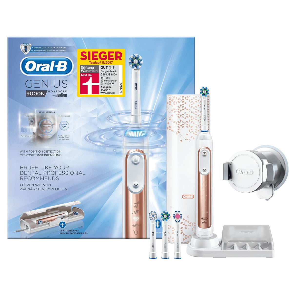 Oral-B Genius 9000 - Cepillo de dientes eléctrico, SmartRing, 6 modos, Bluetooth, 4 cabezales, estuche con USB, color oro rosa