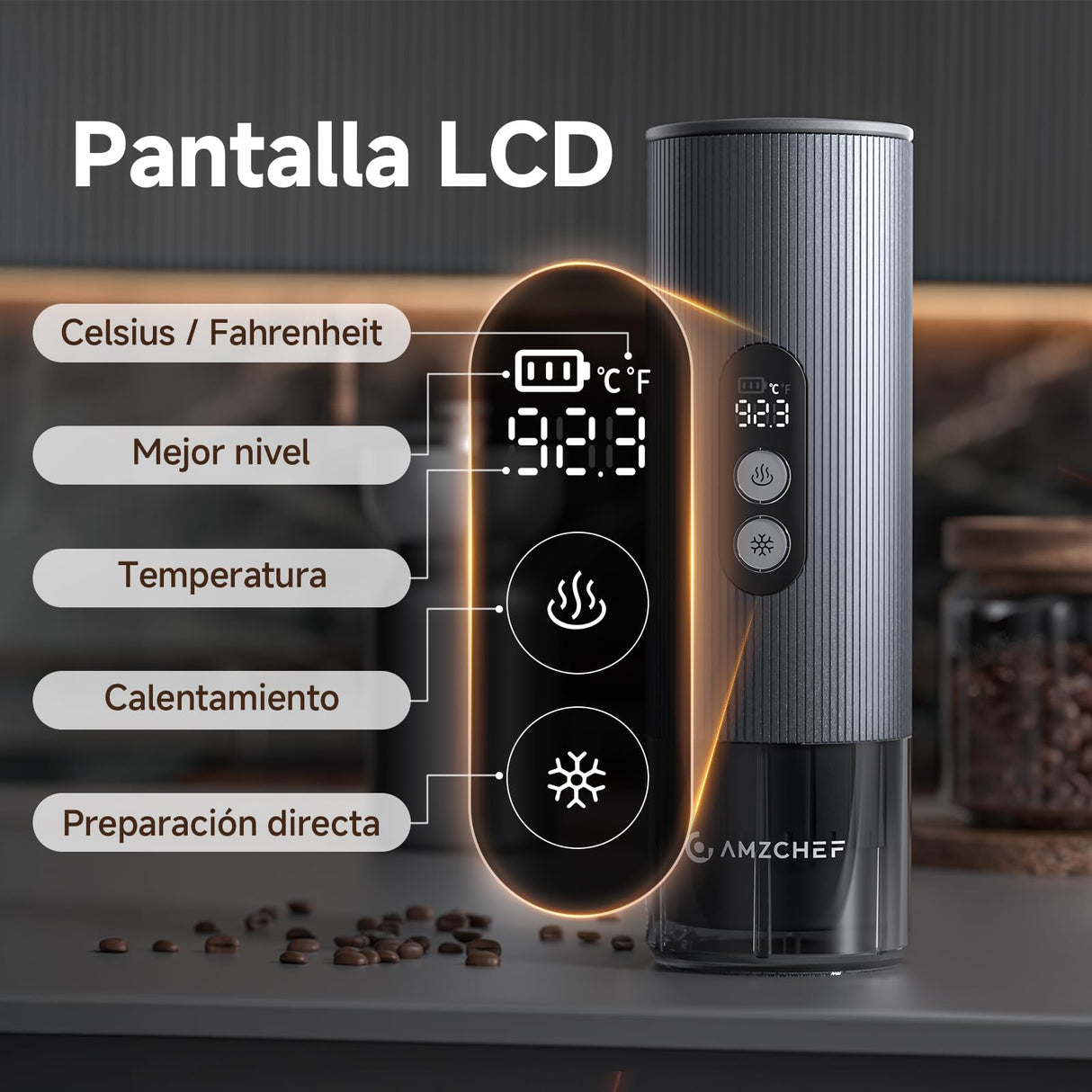 AMZCHEF Cafetera Portatil – 20 Bares, USB-C, Pantalla Digital,Compatible con Cápsulas – Cafetera Portátil Cápsula de Espresso para Viajes, Camping y Oficina,Aluminio