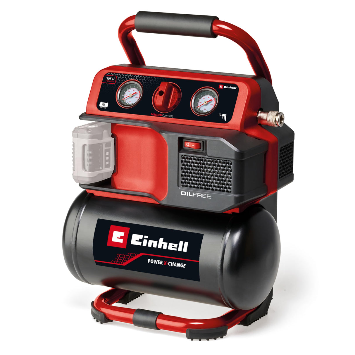 Einhell Compresor con batería TE-AC 18/75 Li OF-Solo Power X-Change (18 V, máx. 8 bar, depósito de 5 l, potencia de aspiración 75 l/min, 2 manómetros, sin aceite, sin batería)