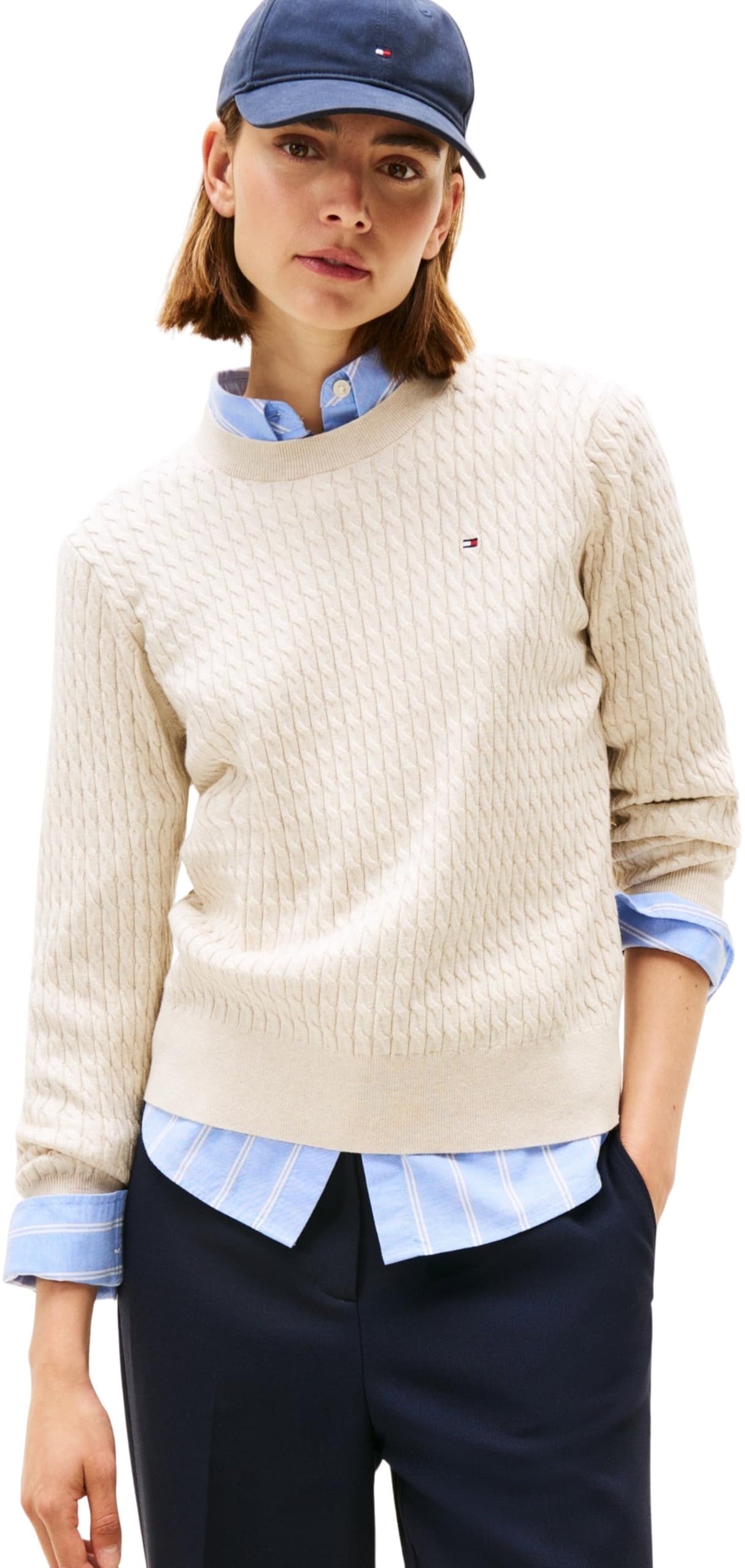 Tommy Hilfiger Jersey Mujer Cable Fine con Punto Trenzado, Beige (Htr Oatmeal GS Tipping), M