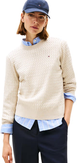 Tommy Hilfiger Jersey Mujer Cable Fine con Punto Trenzado, Beige (Htr Oatmeal GS Tipping), M