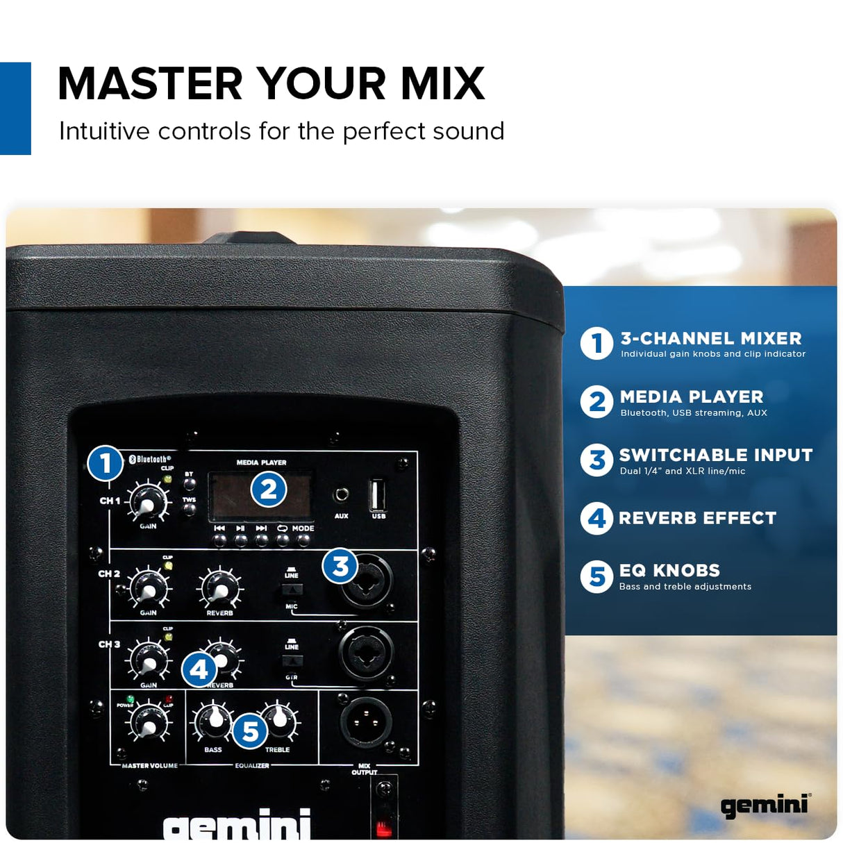 Gemini Sound Wpx-2000 Altavoz Modular Line Array, 1200W Potencia Pico, PA Portátil, Bluetooth Streaming, TWS Link, Reverb Ajustable y Drivers de Neodimio de Alta Fidelidad