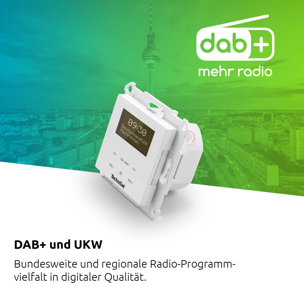 TechniSat DIGITRADIO UP 55 – Radio Dab+ empotrable (Dab, FM, Bluetooth, Pantalla OLED Regulable, Alarma, Temporizador, 2W, Made in Germany) Cubierta Frontal RAL 9016, Blanco