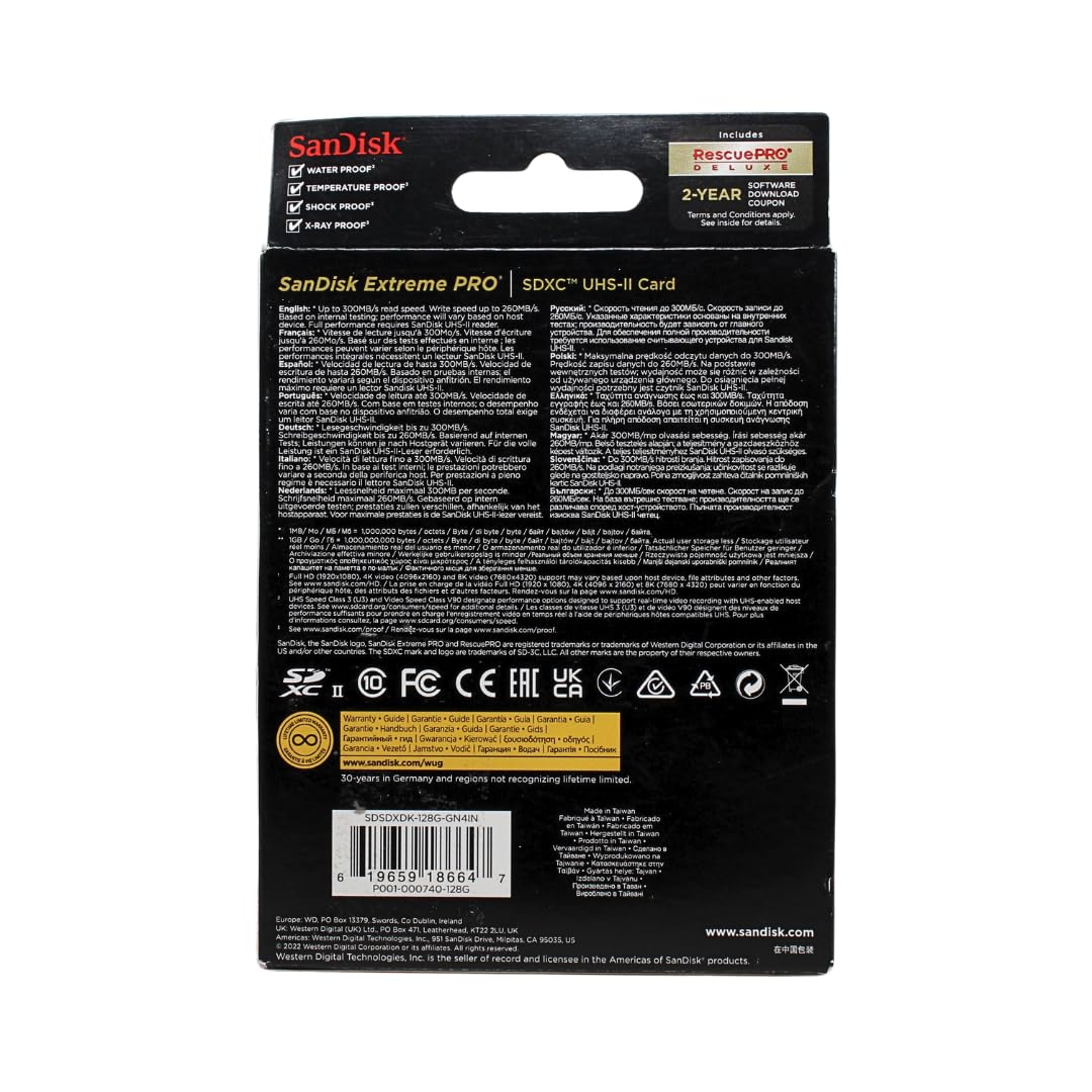 SanDisk Extreme PRO Tarjeta SD 128 GB SDXC, SD Card 8K, 4K y Full HD Video, UHS-II, V90, hasta 300 MB/s, Prueba de golpes, temperatura, agua y rayos X + RescuePro Deluxe, Class 10, U3