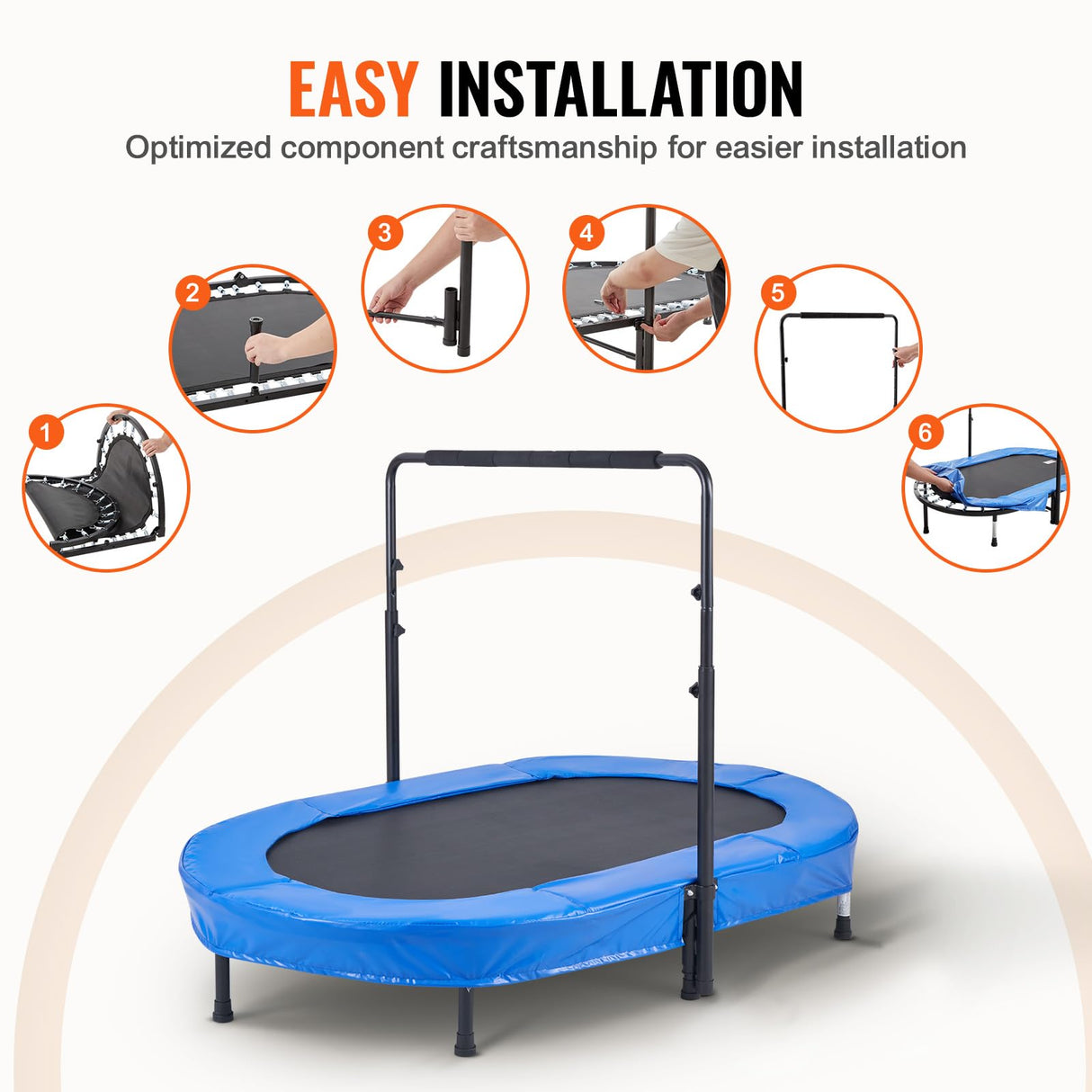 VEVOR Trampolín para Niños, Interior y Exterior, Mini Trampolín Plegable con Asa, Trampolín Rebotador para Niños de 3 Años en Adelante, Niños y Niñas para Divertirse, Azul, 1435 x 970 x (965-1285) mm