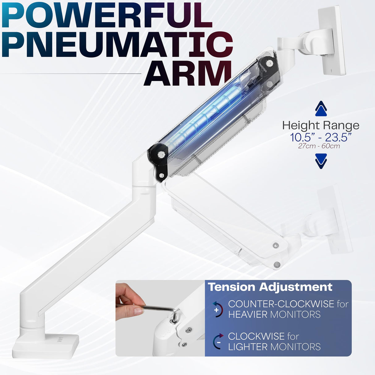 Vivo Brazo de Monitor de Aluminio monitores ultraanchos de hasta 49 Pulgadas y 33 Libras, Soporte de Montaje de Escritorio único, Altura neumática, VESA máxima 100 x 100, Blanco,