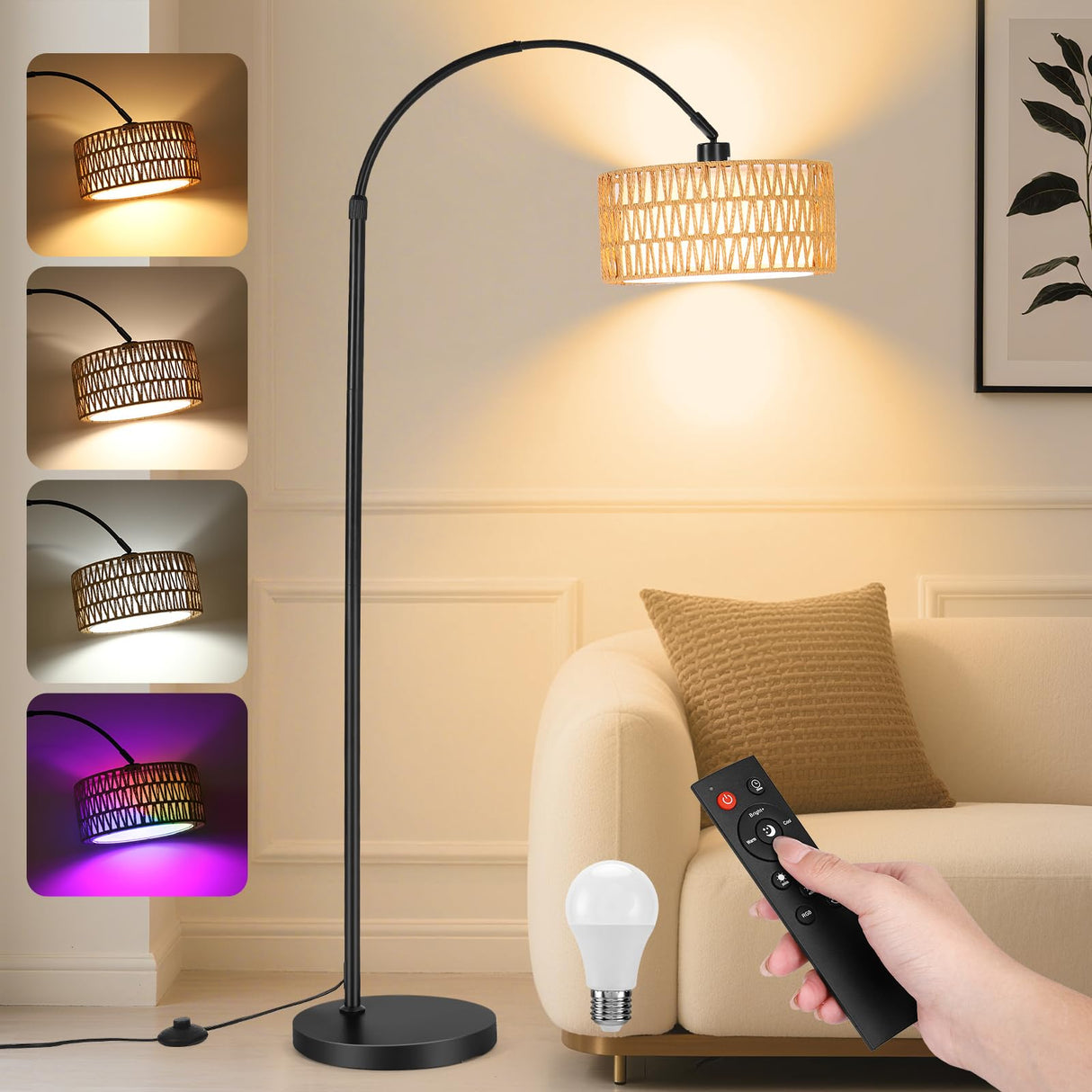 Lámpara de Pie LED Regulable - 9W 900LM Lampara de Pie Arco con Mando & Bombilla E27, Luz para Leer para Salón, Dormitorio, Oficina - Negro