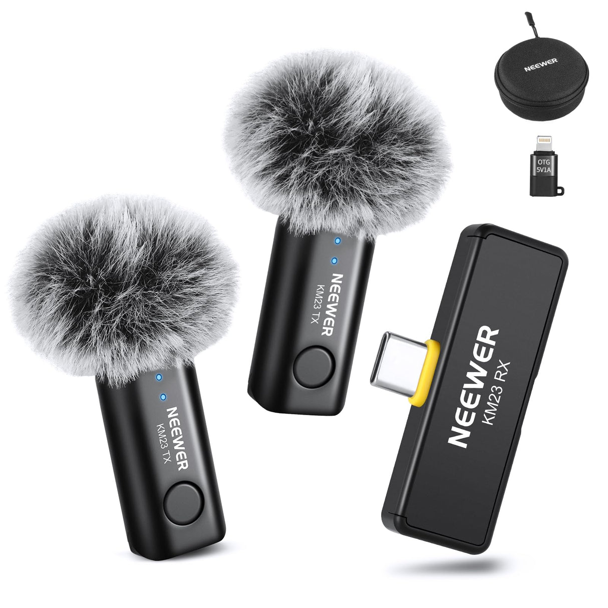 NEEWER Sistema Micrófono Inalámbrico Lavalier, 1 Receptor USB C con Adaptador OTG y 2 Transmisores Condensador Omnidireccionales con Cancelar Ruido Compatible con iPhone 16 Pro MAX S24 Ultra, KM23