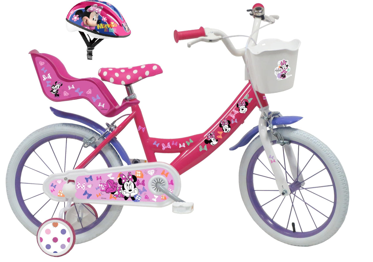 A.T.L.A.S. Bicicleta Infantil de 16 Pulgadas para niña, Disney + Casco Minnie Incluido niños, Rosa y Blanco idéntico a Las Fotos, 16''