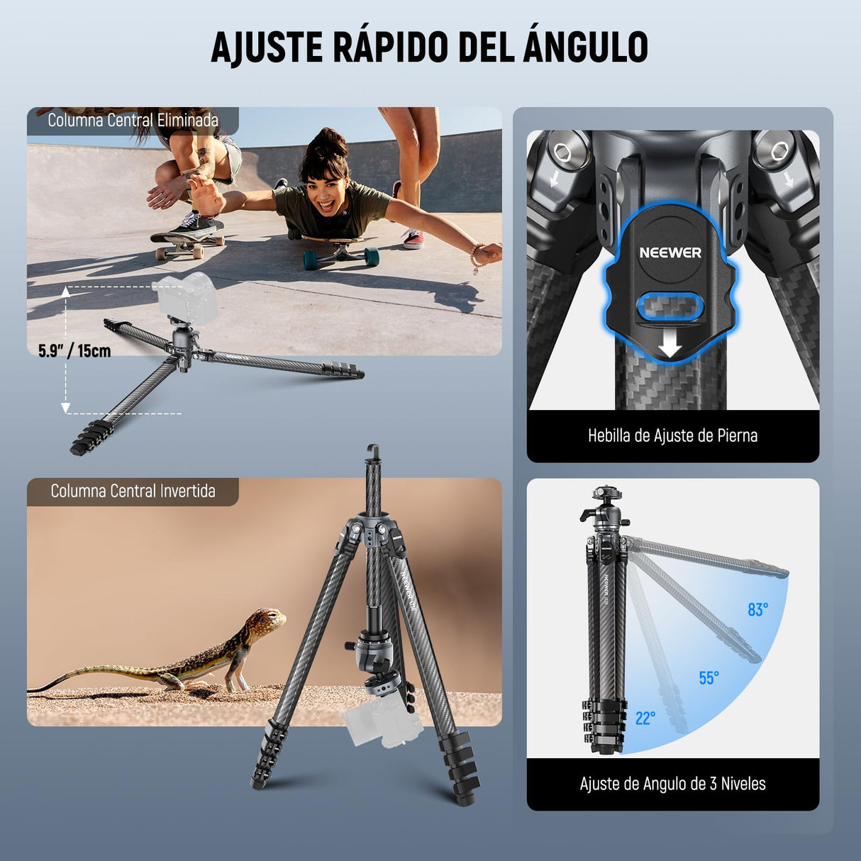 NEEWER LITETRIP LT38 - Trípode de viaje de fibra de carbono de 61 pulgadas para cámara, cabezal de bola de perfil bajo de inclinación panorámica de 360°, eje central flexible, placa QR Arca compatible
