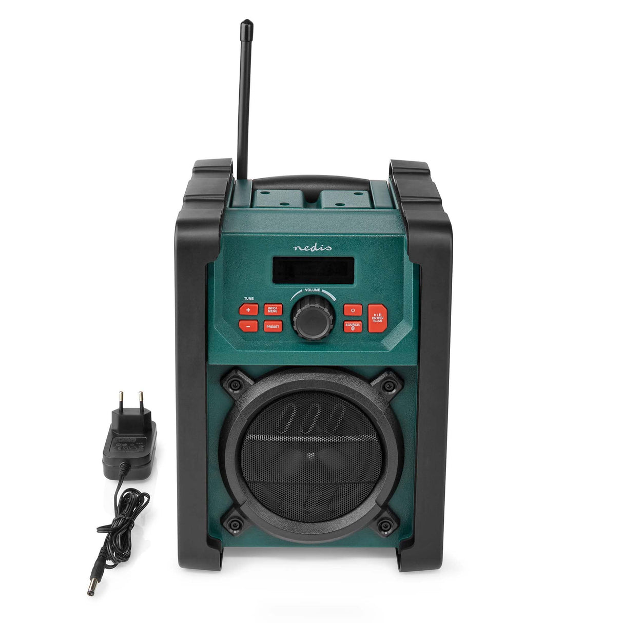 Nedis Dab + Radio | Mesa de ejecución | Dab+ / FM | 2.2" | Monitor Blanco | Funciona con Pilas/Fuente de alimentación de Red | Digital | 15 W | Bluetooth | Despertador | IP65 | Asa de Transporte |