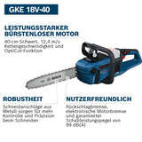Bosch Professional 18V System motosierra GKE 18V-40 (barra de 40 cm, motor Brushless sin escobillas con tecnología BITURBO, incl. llave con destornillador, revestimiento de cadena, sin batería)