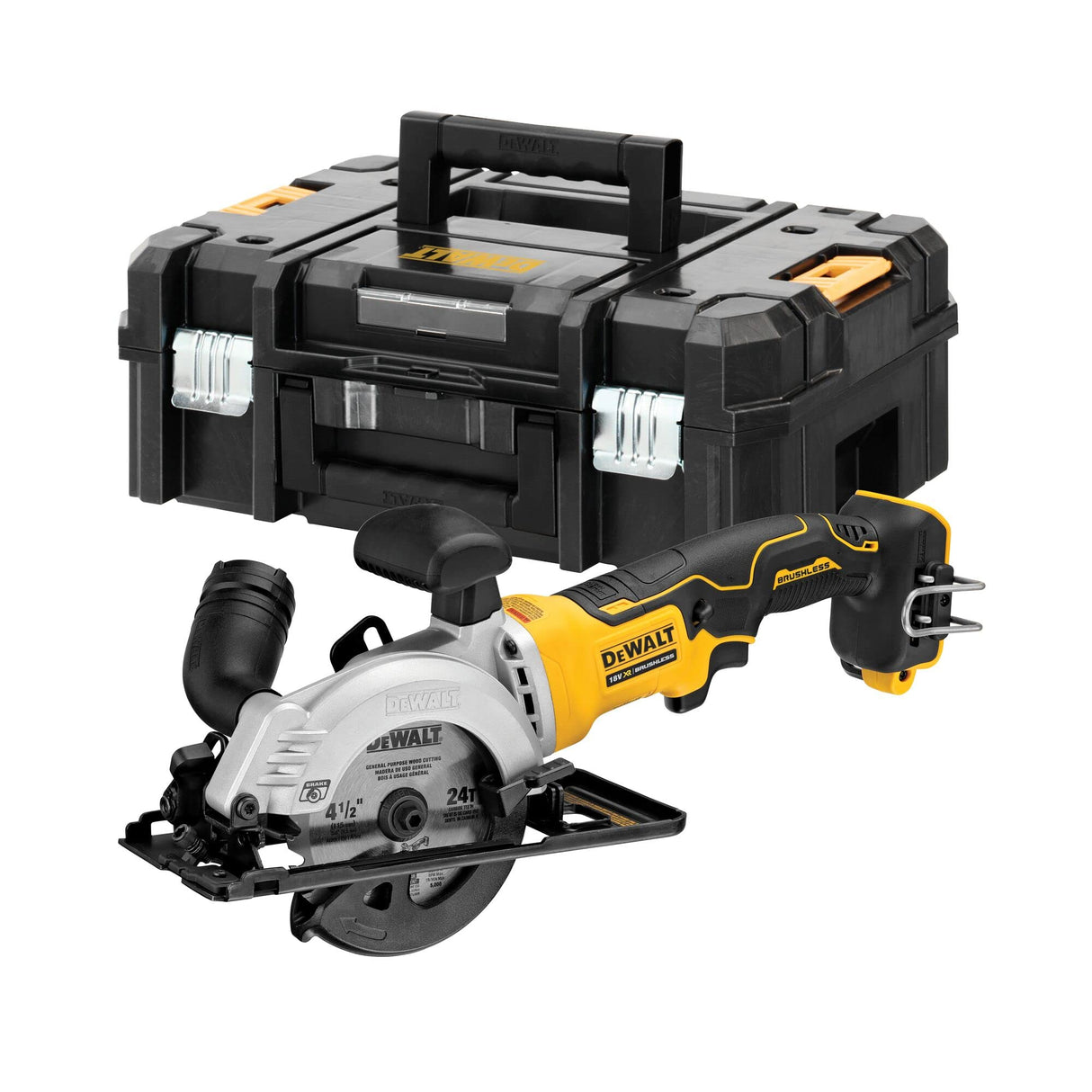 DEWALT DCS571NT-XJ - Sierra Circular de Mano sin Escobillas XR 18V, Longitud de Hoja 115mm y 16 Dientes, Mango de Goma, Freno Electrónico, con Maletín TSTAK