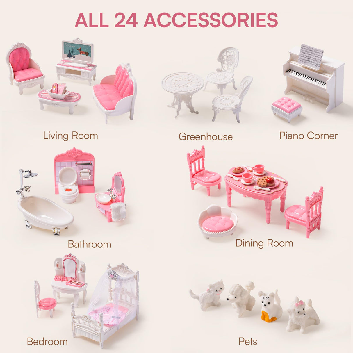 ROBUD Juego de casa de muñecas de Madera, 3 Cuentos, 5 Habitaciones, 24 Uds. Muebles, Pretender Jugar Juguete Regalo para niños niños niñas